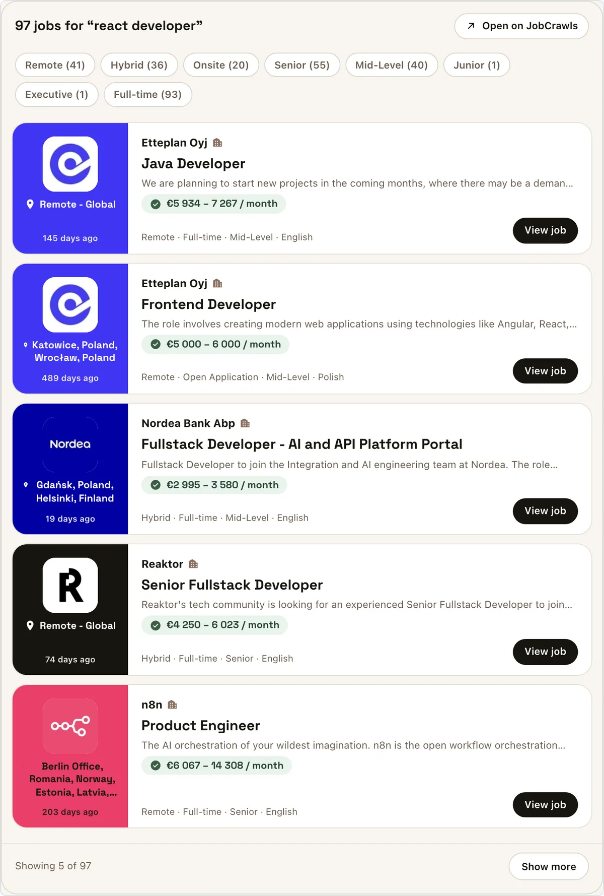 AI assistant chat showing job search results from Finland as inline cards